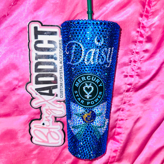 Chibi Magical Water Guardian Blue Crystal Bling Tumbler | Sparkly Rhinestone Anime Cup | Handmade Kawaii Gift - Bling Addict