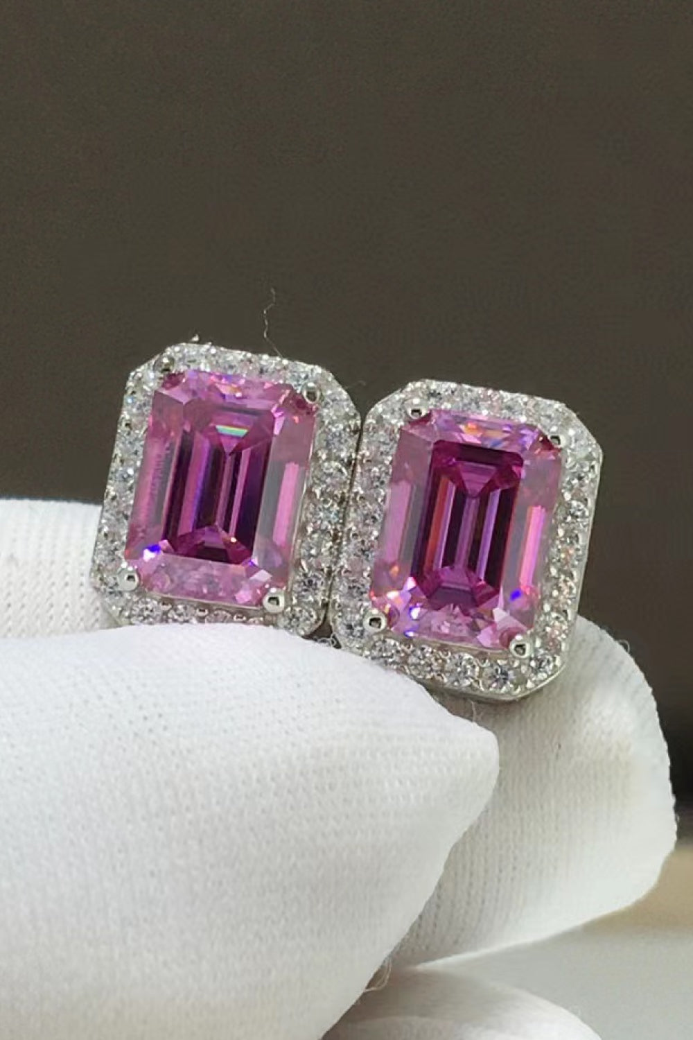 Rosé Radiance | 2 Carat Pink & Clear Square Moissanite Stud Earrings - Bling Addict