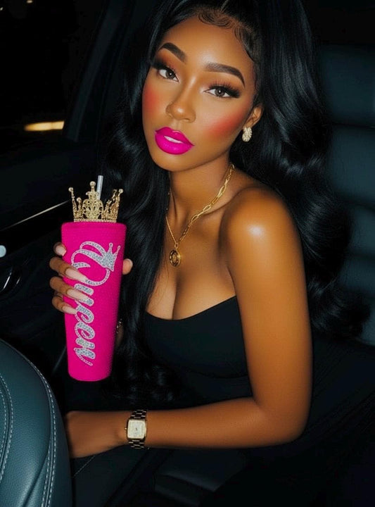 Queen Tingz Neon Pink Crystal Bling Tumbler | Crown & Straw Included - Bling Addict