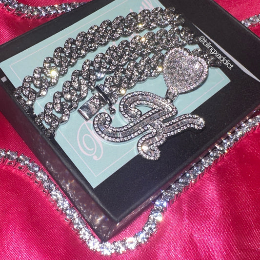 Memorized Love Scripted Personalized Heart Tennis Chain & Cuban Link Necklace Set