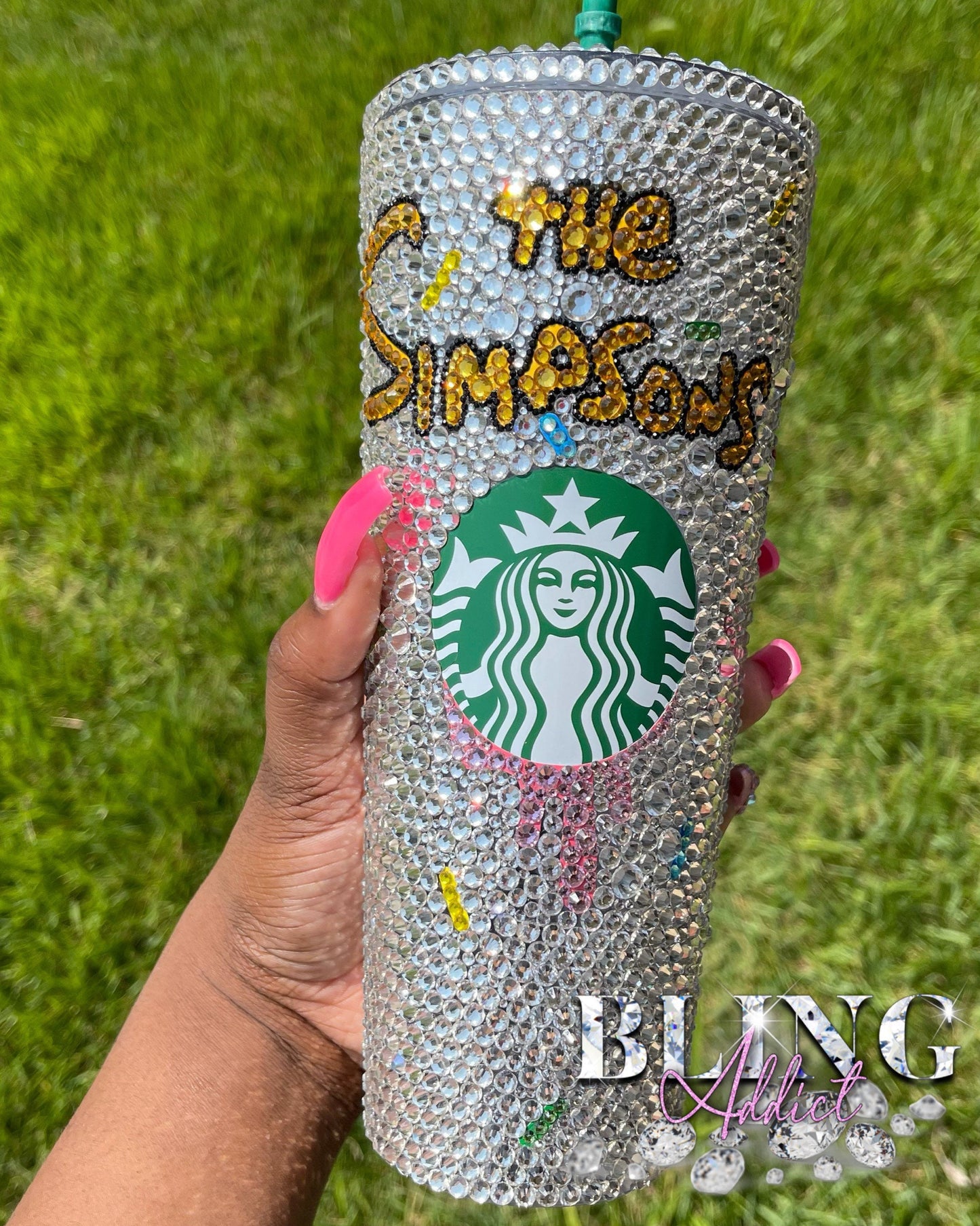 Simpsons Donut Lover Crystal Bedazzled Starbucks 24oz Tumbler Cold Cup
