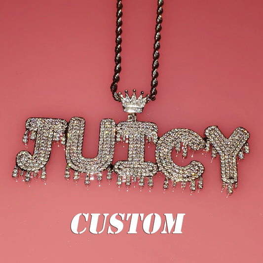 Royal Drip | Custom Name Crown Bail Drip Bubble Letter Pendant Necklace – Personalized Hip Hop Bling Gift