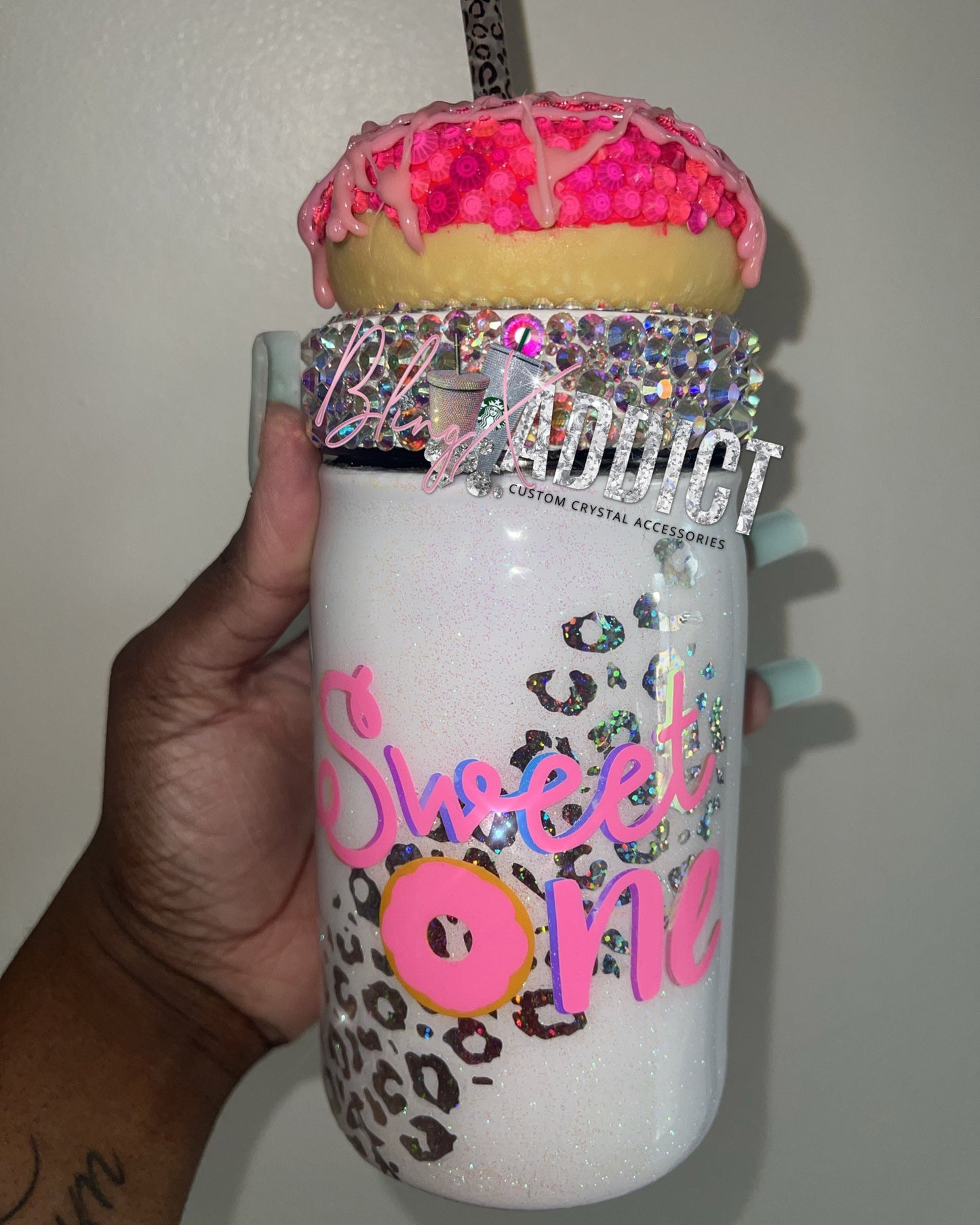 Sweet One Mason Jar Tumbler with Crystals | Bling Donut Cup | 16oz Insulated Metal Drinkware