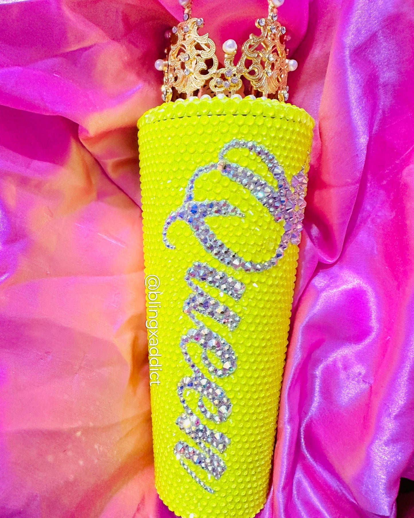 Queen Tingz Neon Yellow Crown Crystal Starbucks Tumbler Cup