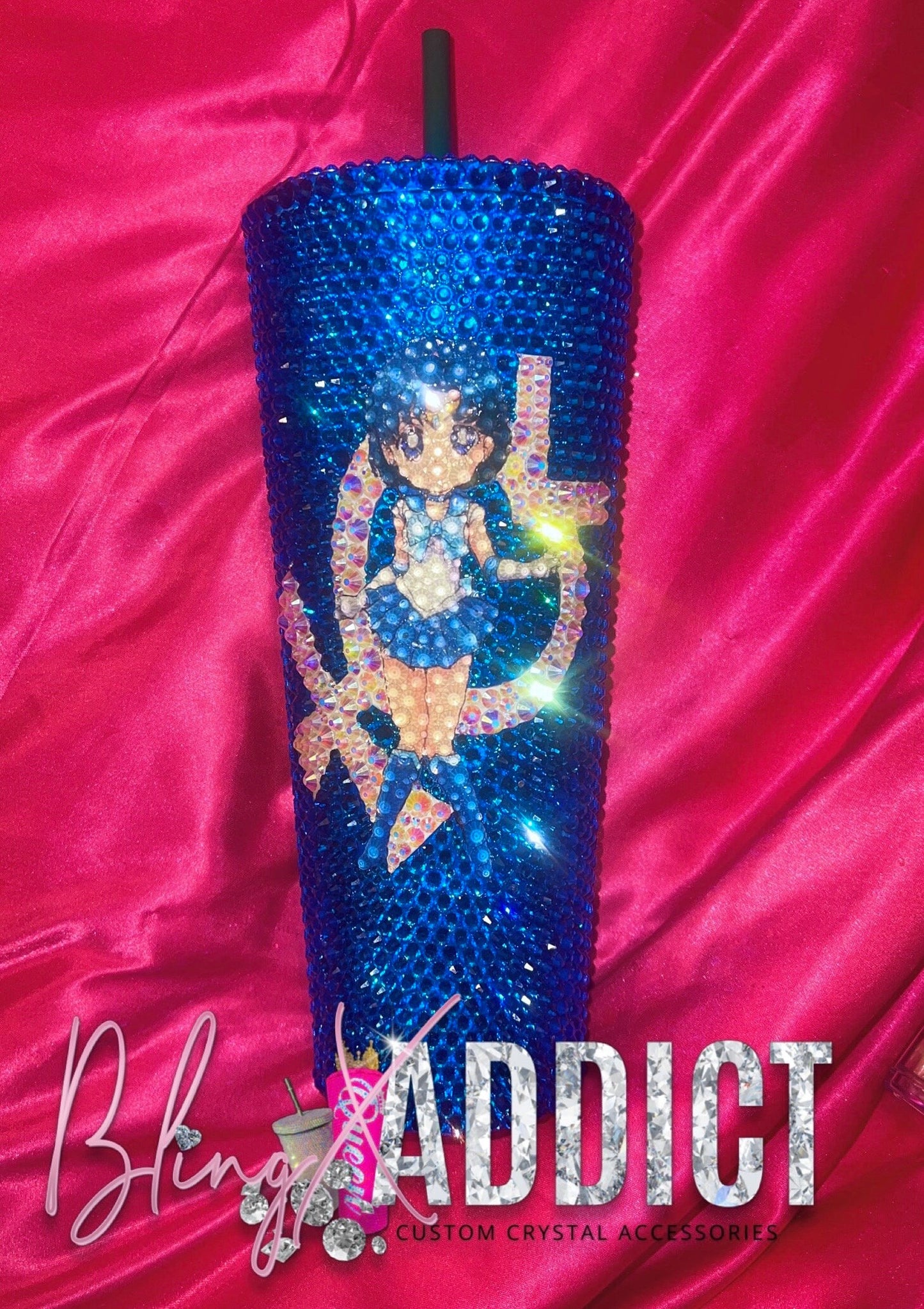 Chibi Magical Water Guardian Blue Crystal Bling Tumbler | Sparkly Rhinestone Anime Cup | Handmade Kawaii Gift