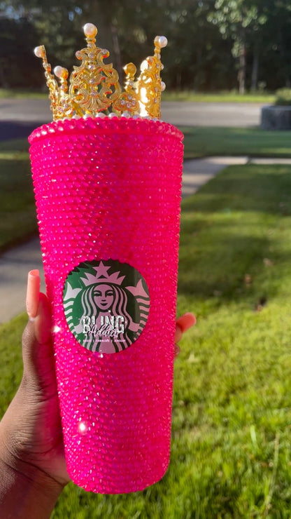 Queen Tingz Tumbler: Neon Pink Crystal Bling Cup with Crown & Straw