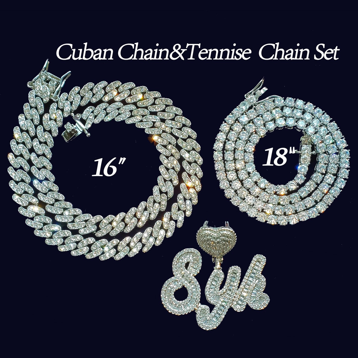 Memorized Love Scripted Personalized Heart Tennis Chain & Cuban Link Necklace Set