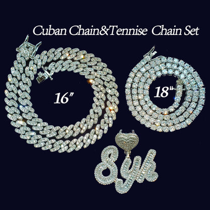 Memorized Love Scripted Personalized Heart Tennis Chain & Cuban Link Necklace Set