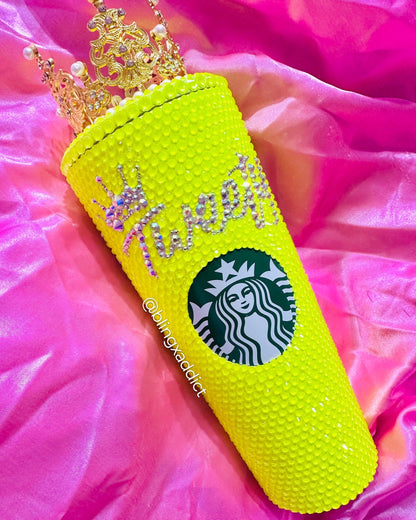 Queen Tingz Neon Yellow Crown Crystal Starbucks Tumbler Cup