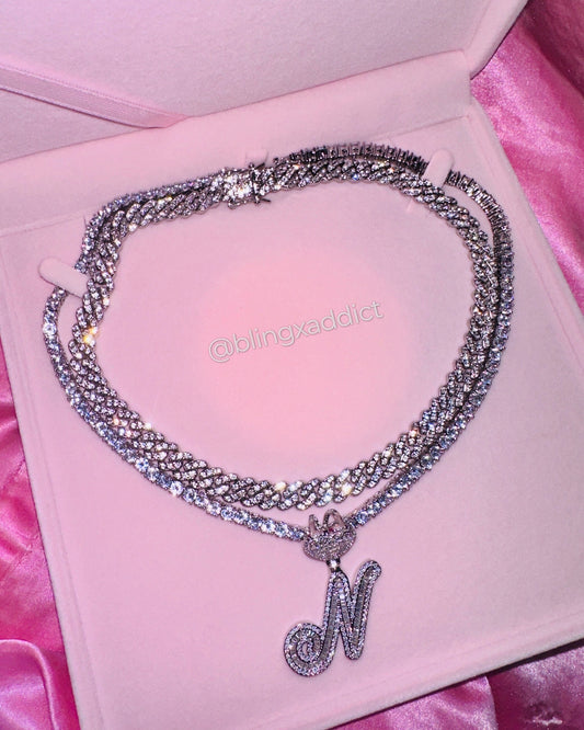 Memorized Love Scripted Personalized Heart Tennis Chain & Cuban Link Necklace Set