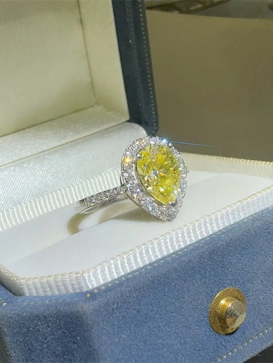 Golden Teardrop 2 Carat Yellow Moissanite Teardrop Ring | Platinum-Plated 925 Sterling Silver Halo Ring - Bling Addict
