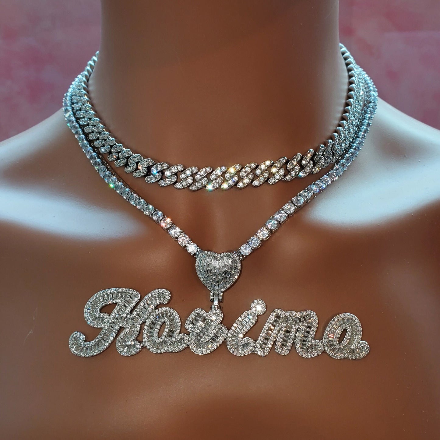 Memorized Love Scripted Personalized Heart Tennis Chain & Cuban Link Necklace Set