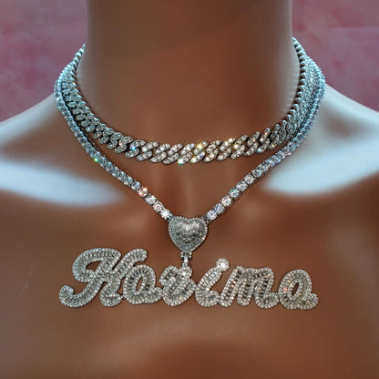 Memorized Love Scripted Personalized Heart Tennis Chain & Cuban Link Necklace Set