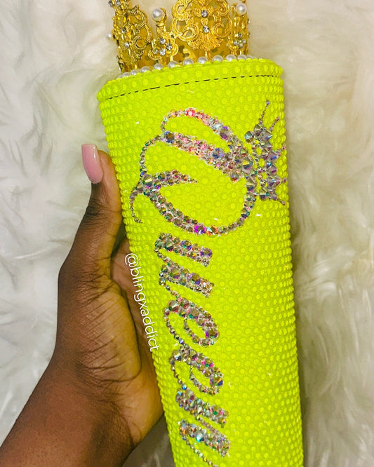 Queen Tingz Neon Yellow Crown Crystal Starbucks Tumbler Cup - Bling Addict