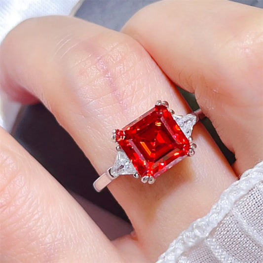 Crimson Royale 3 Carat Red Princess Cut Moissanite Ring | Platinum-Plated 925 Sterling Silver Statement Ring - Bling Addict