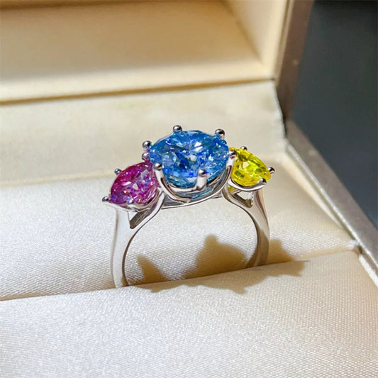 Aurora Prism | 5 Carat Multicolor Round Moissanite Ring | 925 Sterling Silver - Bling Addict
