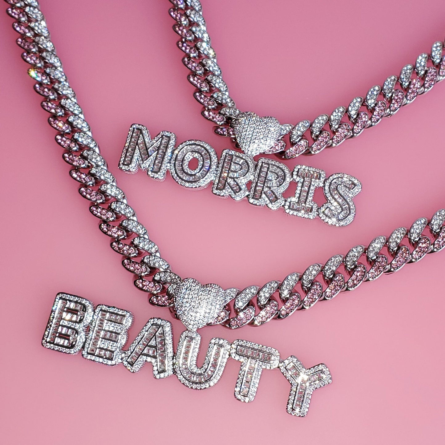 Crystal Swirl - Pink & Clear CZ Custom Cuban Link Chain
