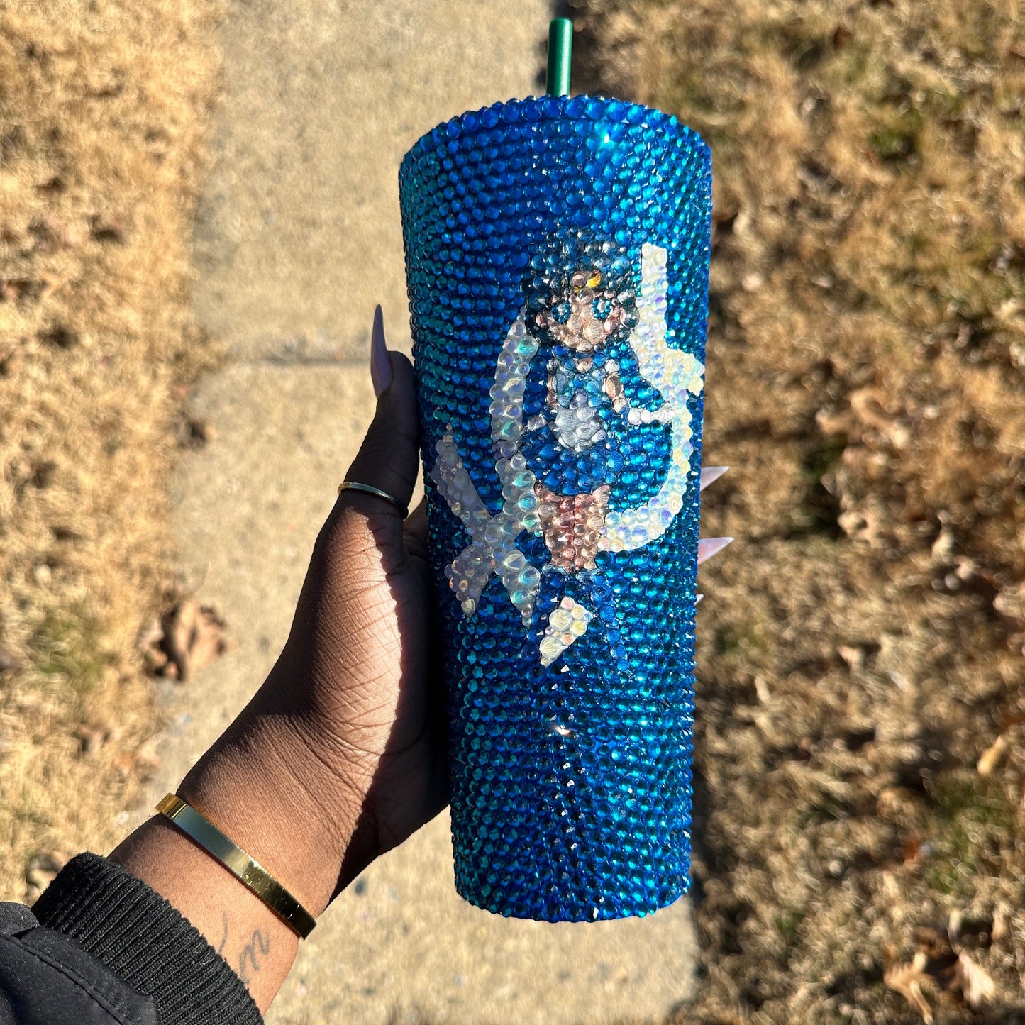 Chibi Magical Water Guardian Blue Crystal Bling Tumbler | Sparkly Rhinestone Anime Cup | Handmade Kawaii Gift