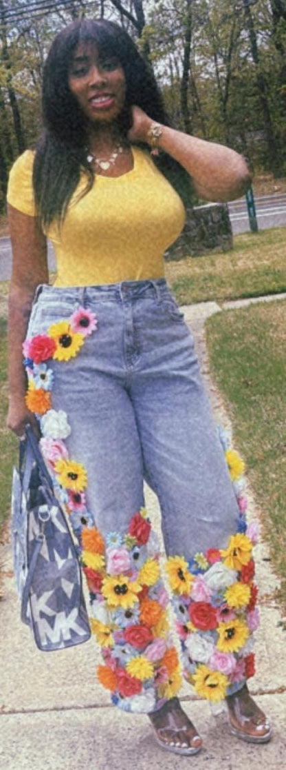 Bloomed & Bedazzled Custom Flower Denim Jeans| Handmade Bling Statement Pants | Unique Fashion Apparel S-3X
