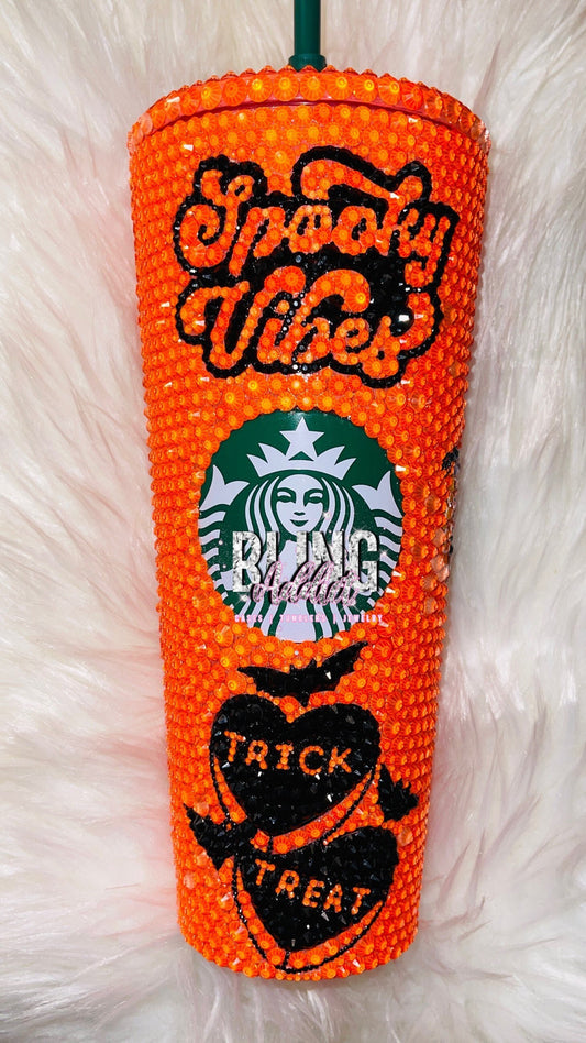 Spooky Vibes Belle Neon Orange Halloween Crystal 24oz Starbucks Tumbler - Bling Addict