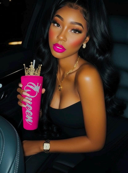 Queen Tingz Tumbler: Neon Pink Crystal Bling Cup with Crown & Straw