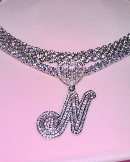 Memorized Love Scripted Personalized Heart Tennis Chain & Cuban Link Necklace Set