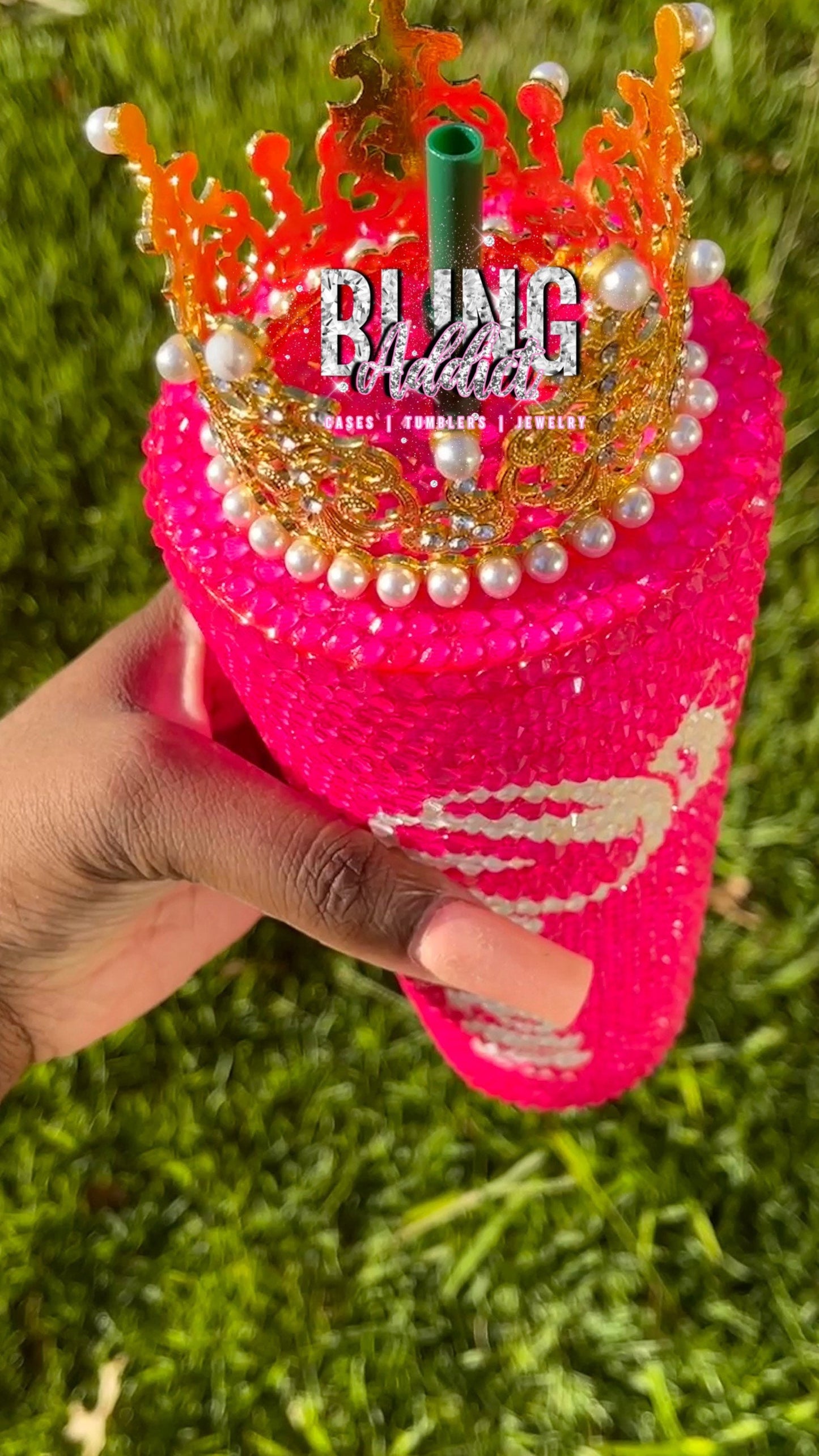 Queen Tingz Tumbler: Neon Pink Crystal Bling Cup with Crown & Straw