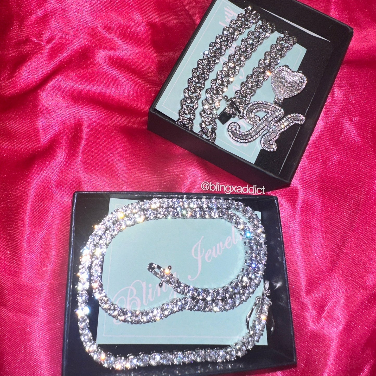 Memorized Love Scripted Personalized Heart Tennis Chain & Cuban Link Necklace Set