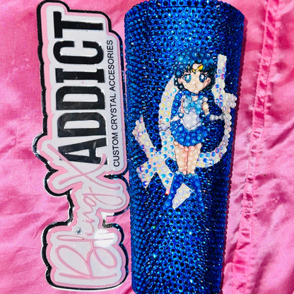 Chibi Magical Water Guardian Blue Crystal Bling Tumbler | Sparkly Rhinestone Anime Cup | Handmade Kawaii Gift