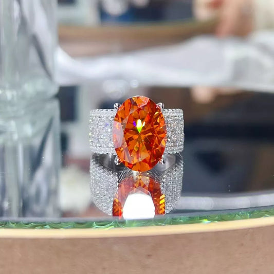 Amber Ember 8 Carat Orange Oval Moissanite Ring | 925 Sterling Silver Solitaire Statement Ring - Bling Addict