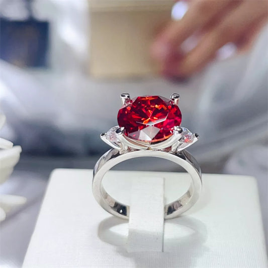 Ruby Radiance 5 Carat Red Round Moissanite Ring | Platinum-Plated 925 Sterling Silver Solitaire Ring - Bling Addict