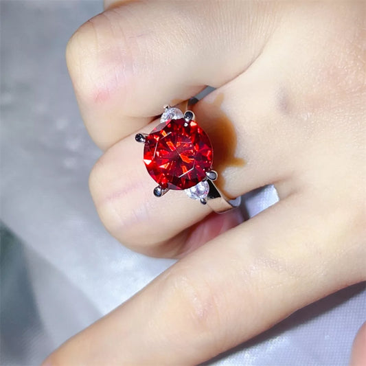 Ruby Radiance 5 Carat Red Round Moissanite Ring | Platinum-Plated 925 Sterling Silver Solitaire Ring - Bling Addict