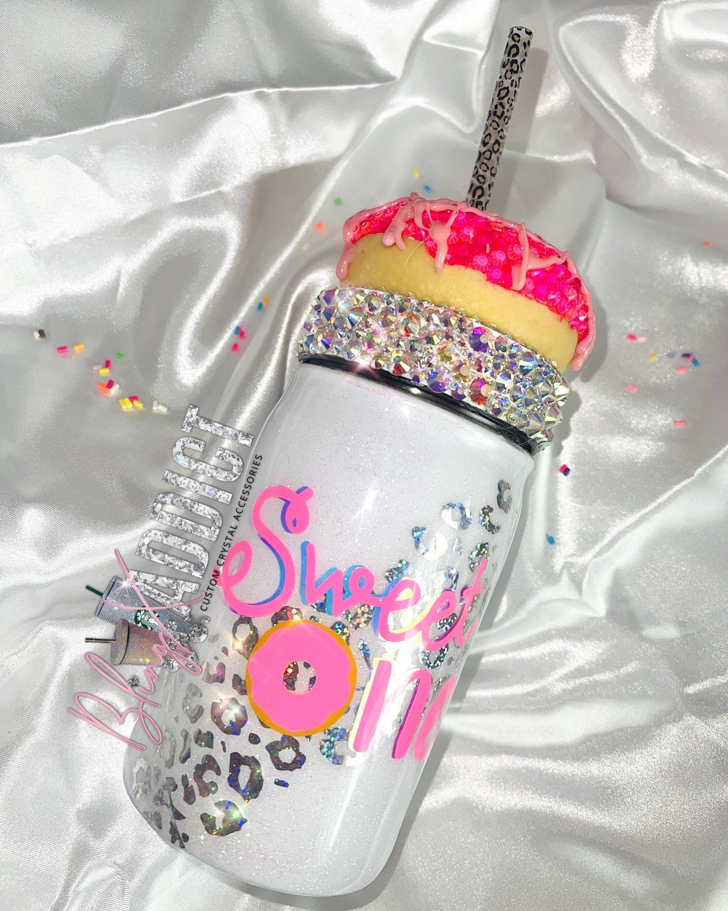 Sweet One Mason Jar Tumbler with Crystals | Bling Donut Cup | 16oz Insulated Metal Drinkware