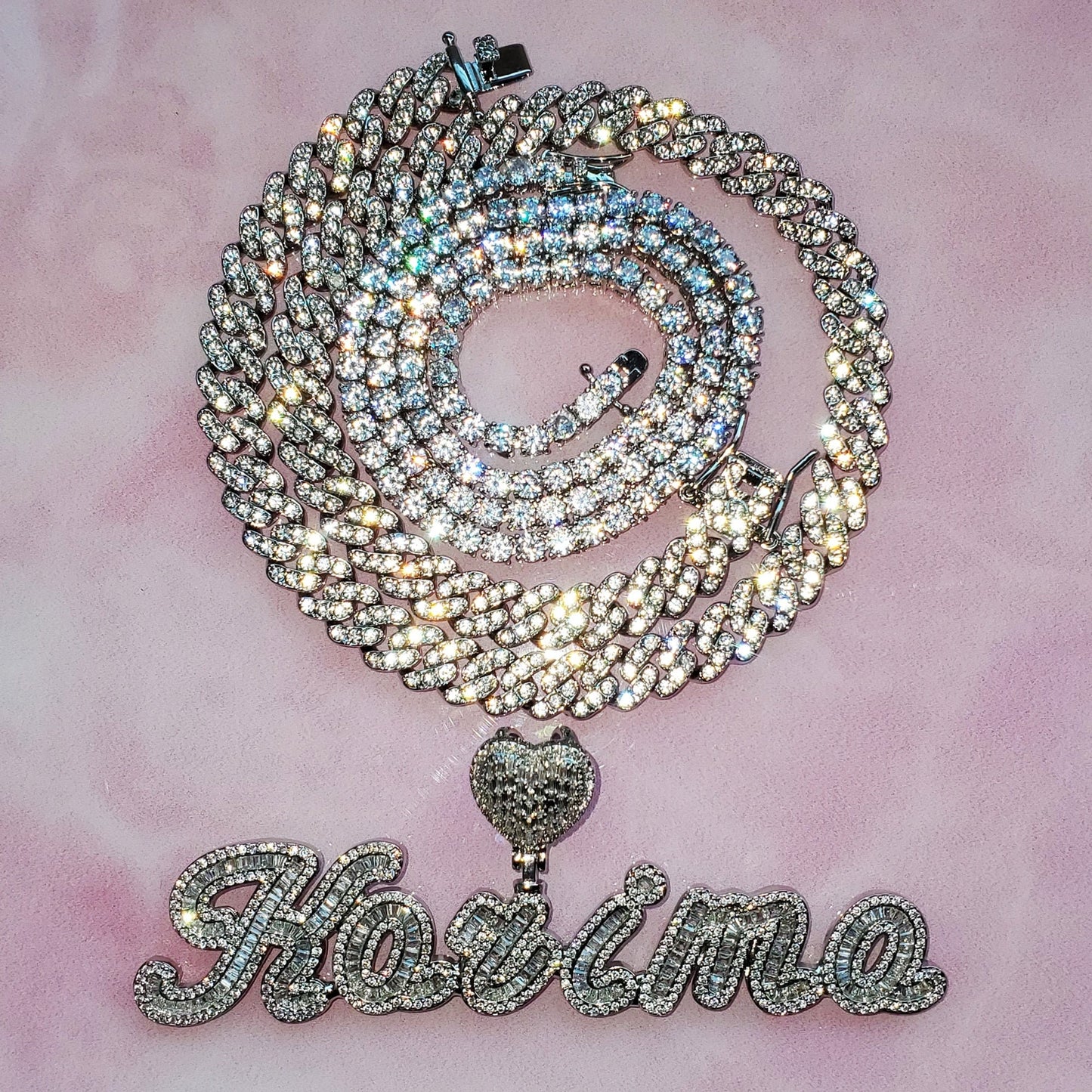 Memorized Love Scripted Personalized Heart Tennis Chain & Cuban Link Necklace Set