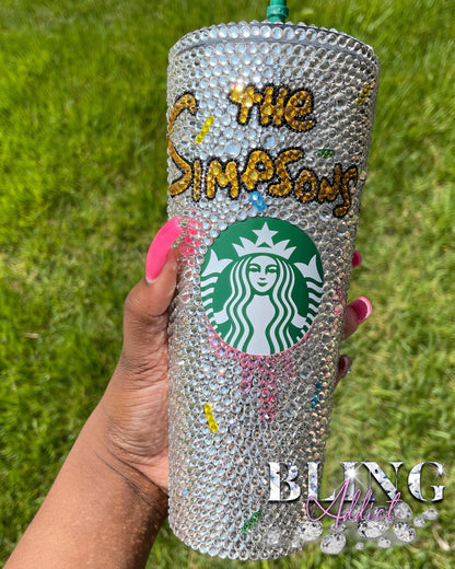 Simpsons Donut Lover Crystal Bedazzled Starbucks 24oz Tumbler Cold Cup