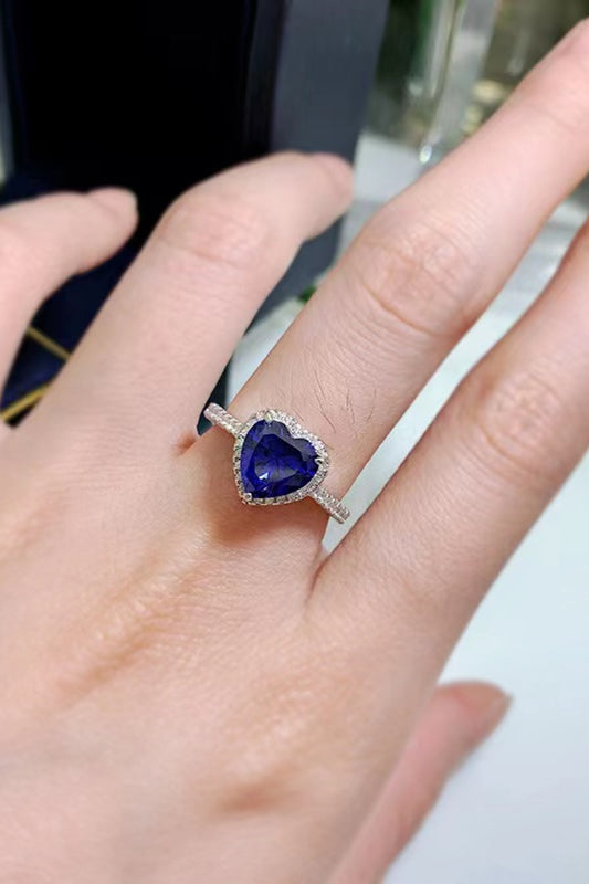 Midnight Devotion 2 Carat Deep Blue Heart Moissanite Side Stone Ring | 925 Sterling Silver Ring - Bling Addict
