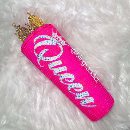 Queen Tingz Tumbler: Neon Pink Crystal Bling Cup with Crown & Straw