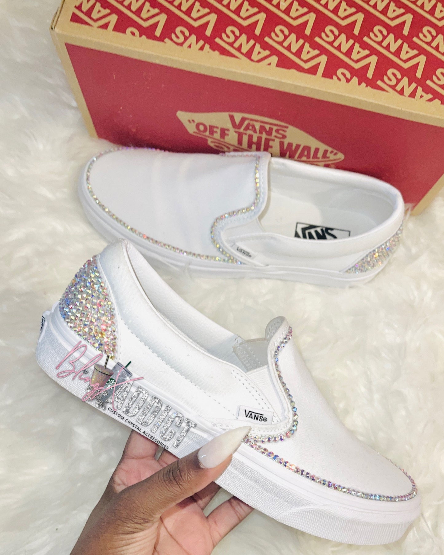 Custom Crystal Border Bling Vans Women’s Classic Slip-Ons