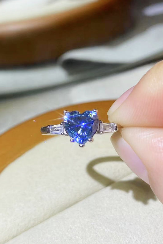 Blue Serenade | 1 Carat Blue Heart-Shaped Moissanite Ring | Platinum-Plated 925 Sterling Silver - Bling Addict