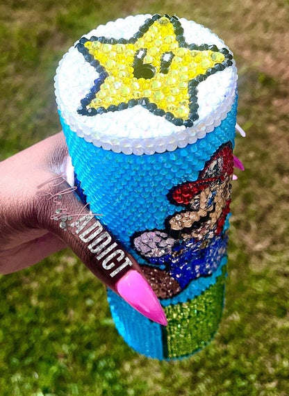 Super Mario World Crystal Bling Skinny Insulated Metal Rhinestone Tumbler Sippy Cup