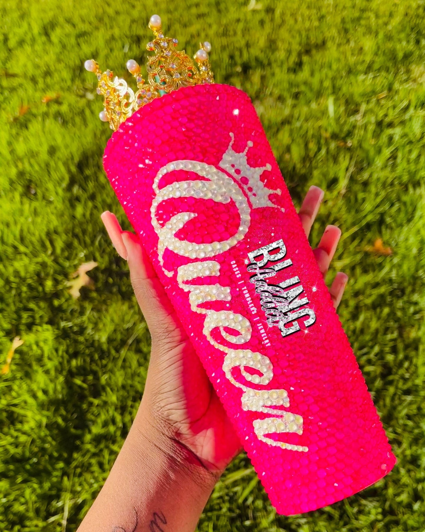 Queen Tingz Tumbler: Neon Pink Crystal Bling Cup with Crown & Straw
