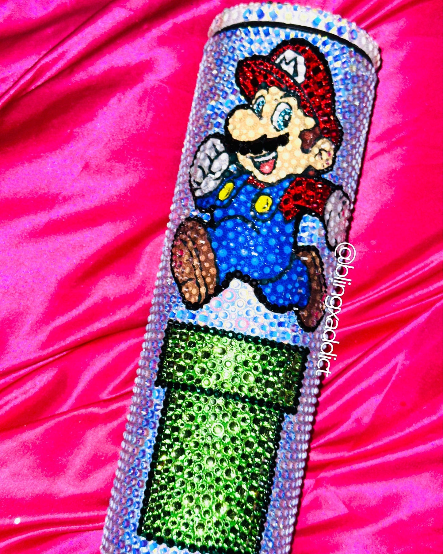 Super Mario World Crystal Bling Skinny Insulated Metal Rhinestone Tumbler Sippy Cup
