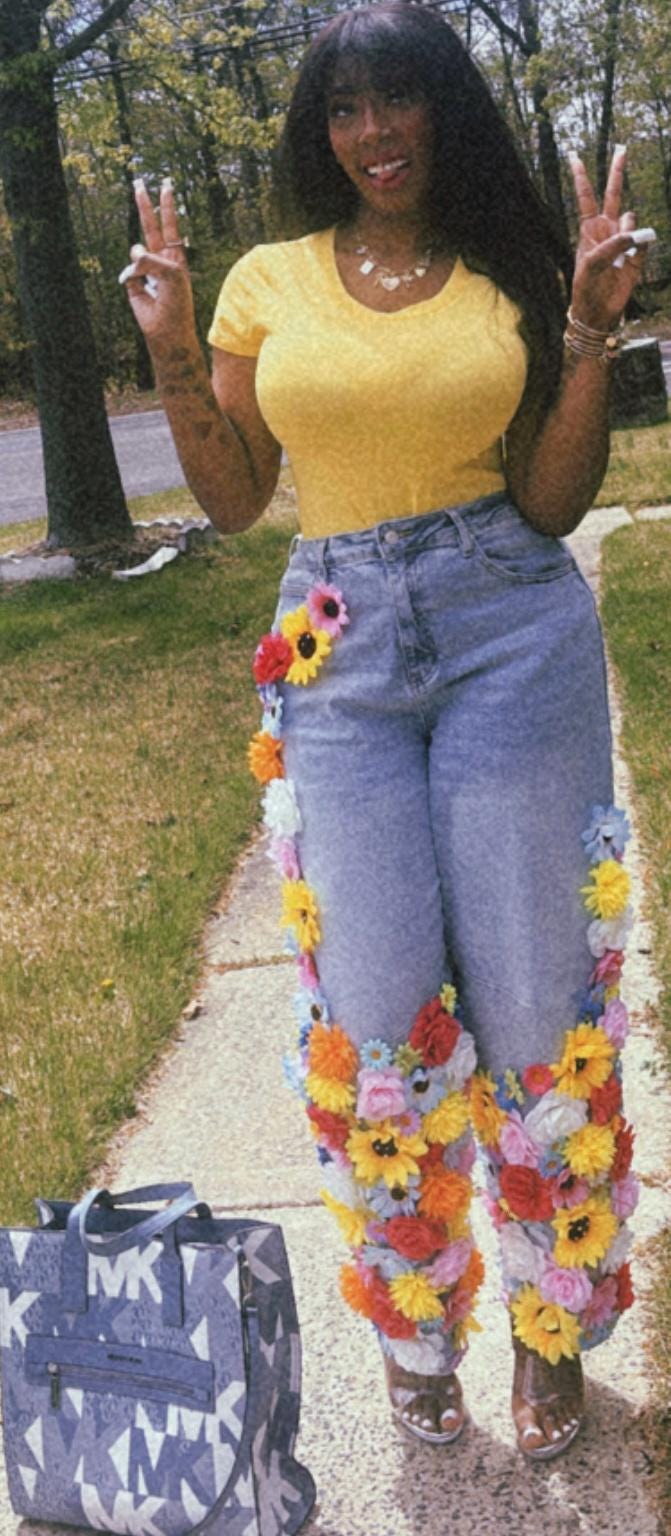 Bloomed & Bedazzled Custom Flower Denim Jeans| Handmade Bling Statement Pants | Unique Fashion Apparel S-3X