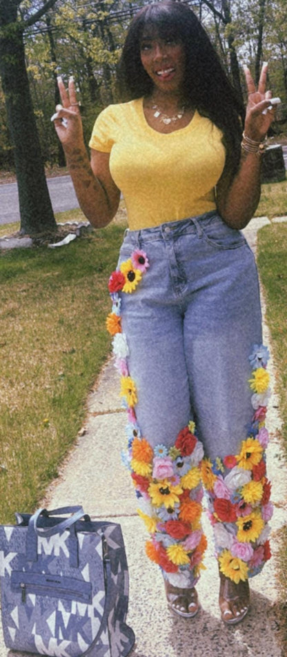 Bloomed & Bedazzled Custom Flower Denim Jeans| Handmade Bling Statement Pants | Unique Fashion Apparel S-3X