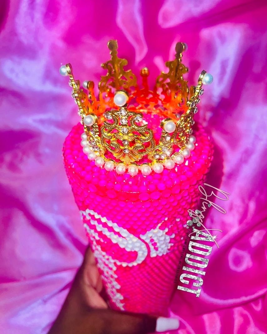Queen Tingz Tumbler: Neon Pink Crystal Bling Cup with Crown & Straw