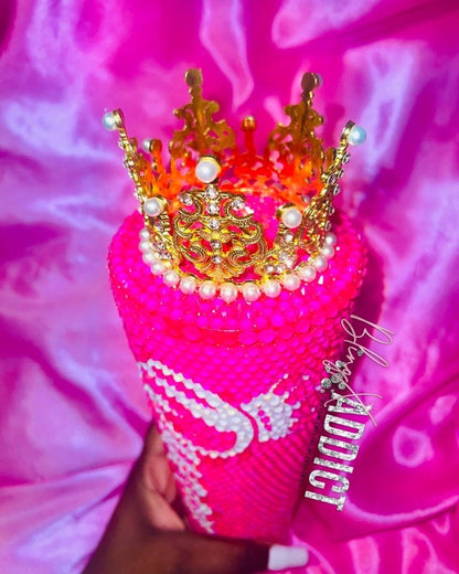 Queen Tingz Tumbler: Neon Pink Crystal Bling Cup with Crown & Straw