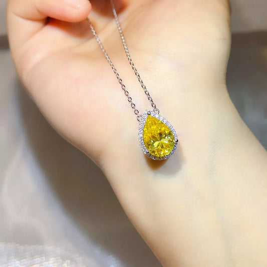 Golden Cascade 5 Carat Yellow Teardrop Moissanite Pendant Necklace | 925 Sterling Silver Solitaire Necklace - Bling Addict