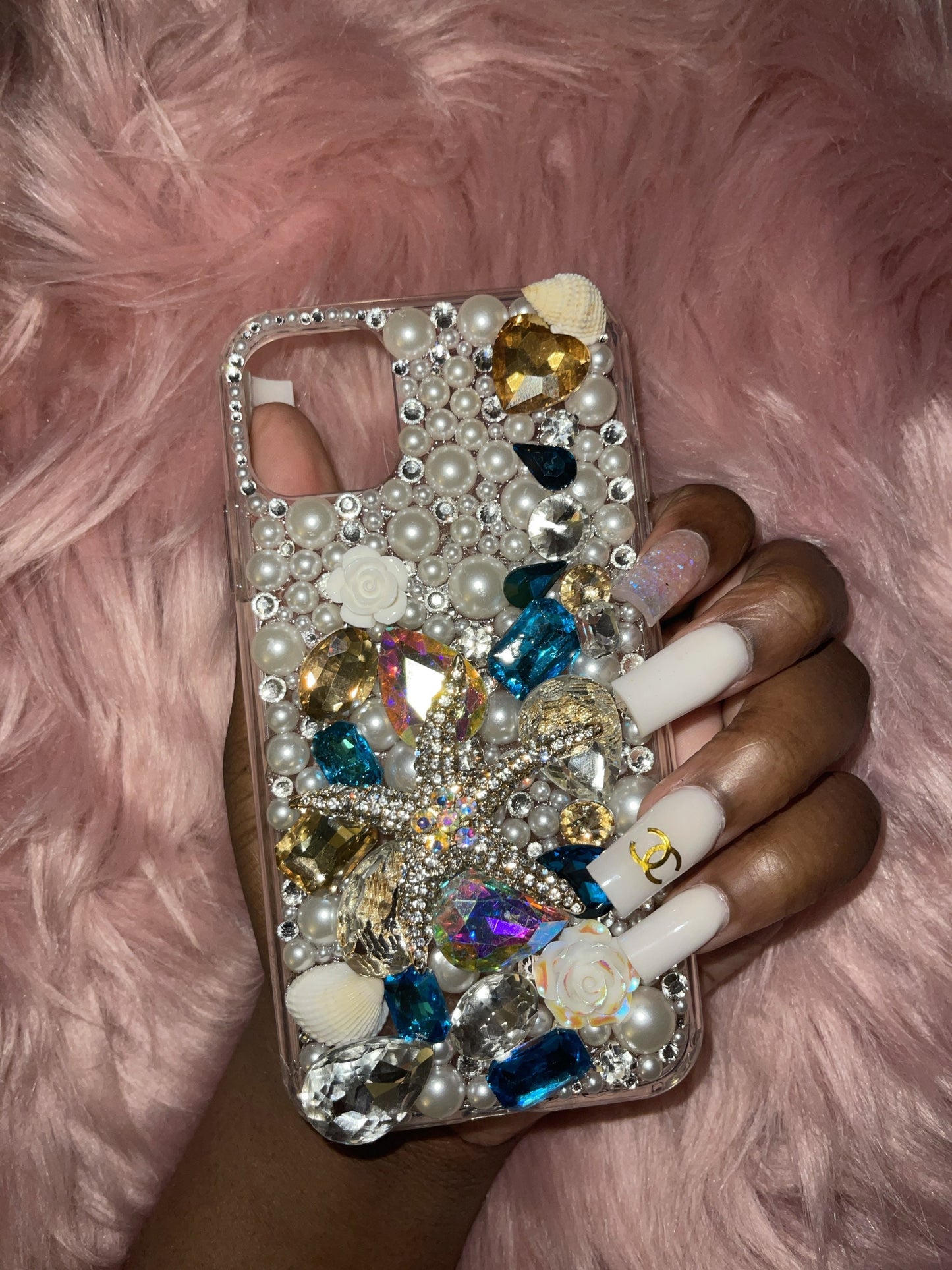 Bling Starfish Phone Case: Custom Seashells, Pearls & Gems