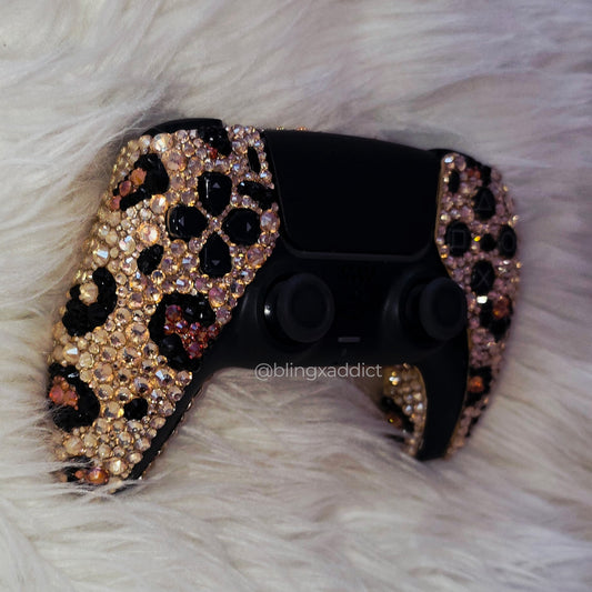 Leopard Print Luxe Bling DualSense PS5 Controller | Bedazzled Bling Playstation Gaming Controller