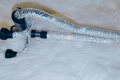 Crystal Bling Quad Foldable Walking Cane | Ergonomic Grip Handle | Supports Up to 350 lbs | Adj. Height to 6’5” |  Name Option